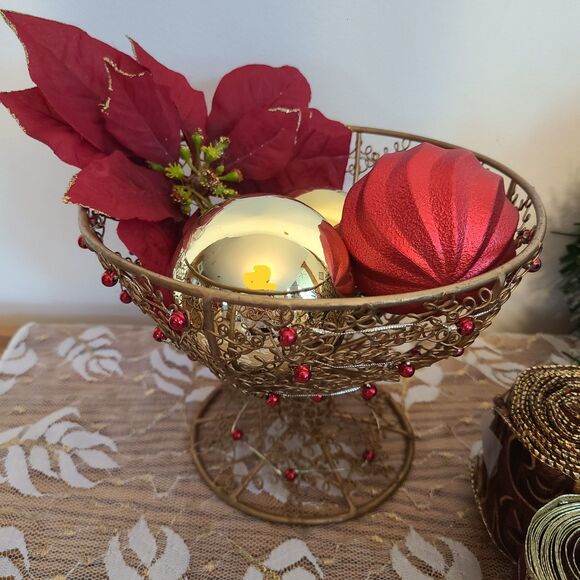 Vintage Holiday Decor Bundle Wire Basket | Garland | Ribbon | Satin Bag | Lace - Picture 2 of 10